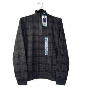 Nautica New Pullover Sweater Mens Large 1/4 Zip Gray Plaid Long Sleeve Cotton